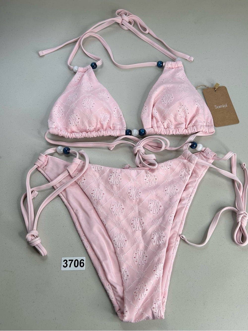 Samiol Bikini Set Pink Large Beaded Eyelet Crochet Halter New